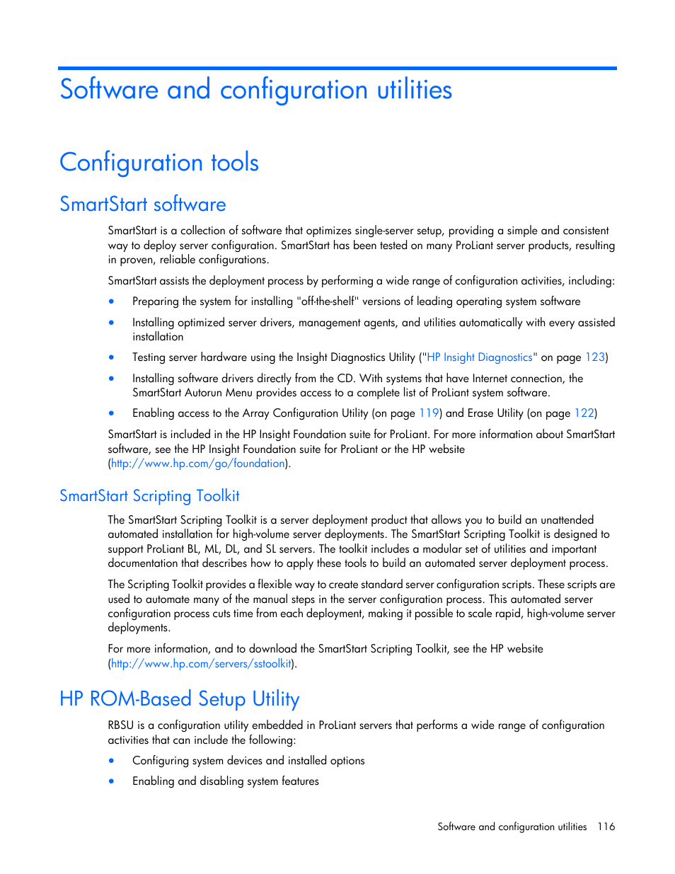 Software and configuration utilities, Configuration tools, Smartstart software | Smartstart scripting toolkit, Hp rom-based setup utility, Hp rom-based setup, Utility | HP ProLiant ML370 G6 Server User Manual | Page 116 / 172