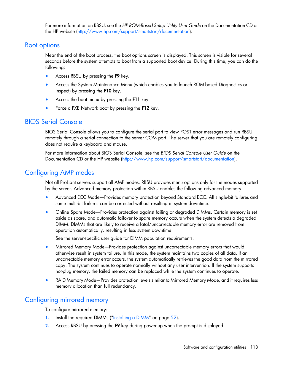 Boot options, Bios serial console, Configuring amp modes | Configuring mirrored memory | HP ProLiant ML370 G6 Server User Manual | Page 118 / 172