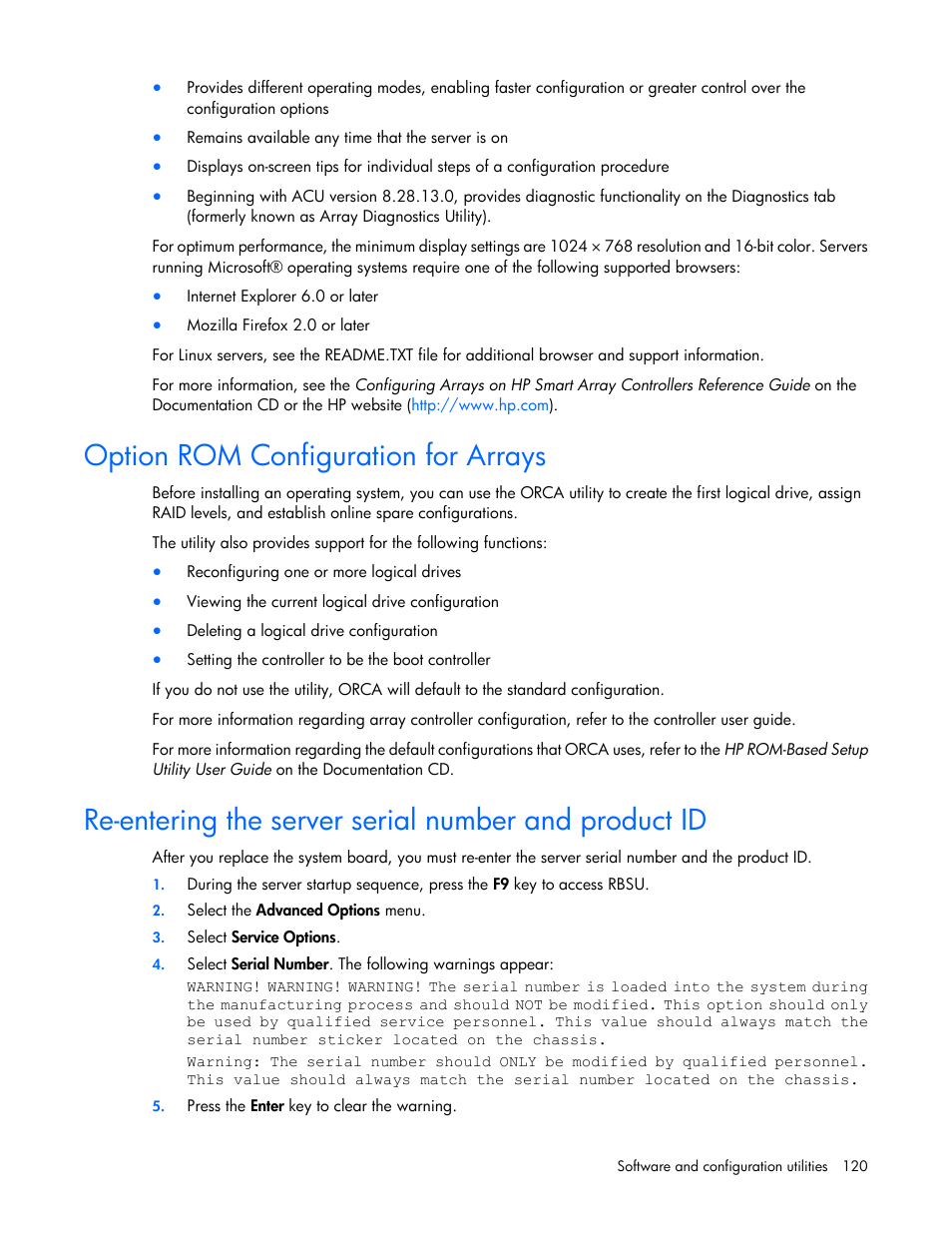 Option rom configuration for arrays | HP ProLiant ML370 G6 Server User Manual | Page 120 / 172