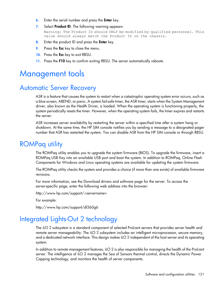 Management tools, Automatic server recovery, Rompaq utility | Integrated lights-out 2 technology | HP ProLiant ML370 G6 Server User Manual | Page 121 / 172