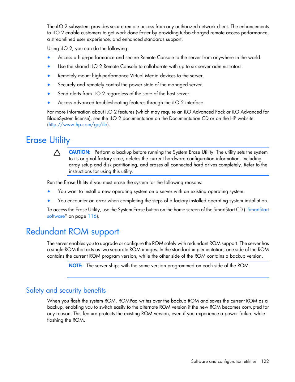 Erase utility, Redundant rom support, Safety and security benefits | HP ProLiant ML370 G6 Server User Manual | Page 122 / 172