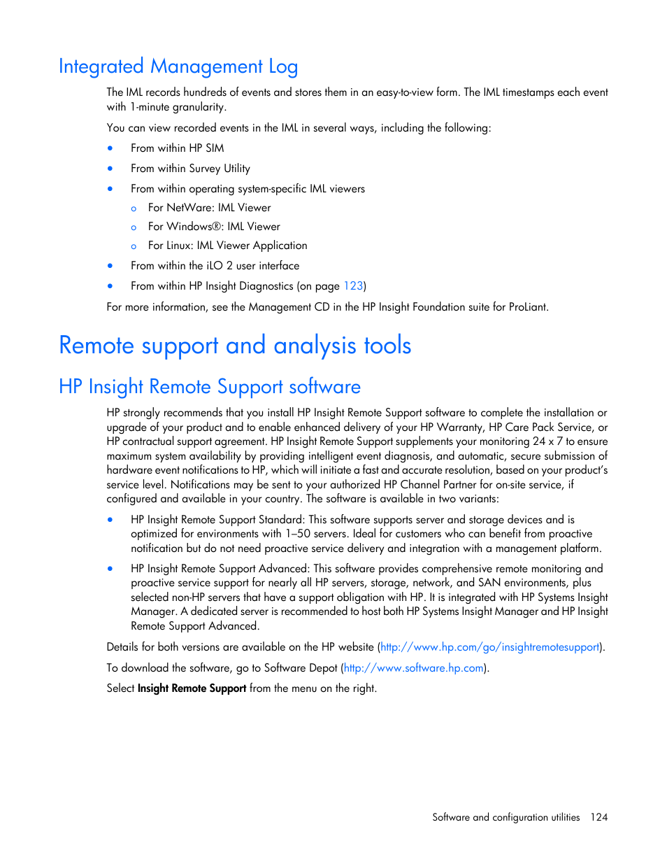 Integrated management log, Remote support and analysis tools, Hp insight remote support software | HP ProLiant ML370 G6 Server User Manual | Page 124 / 172