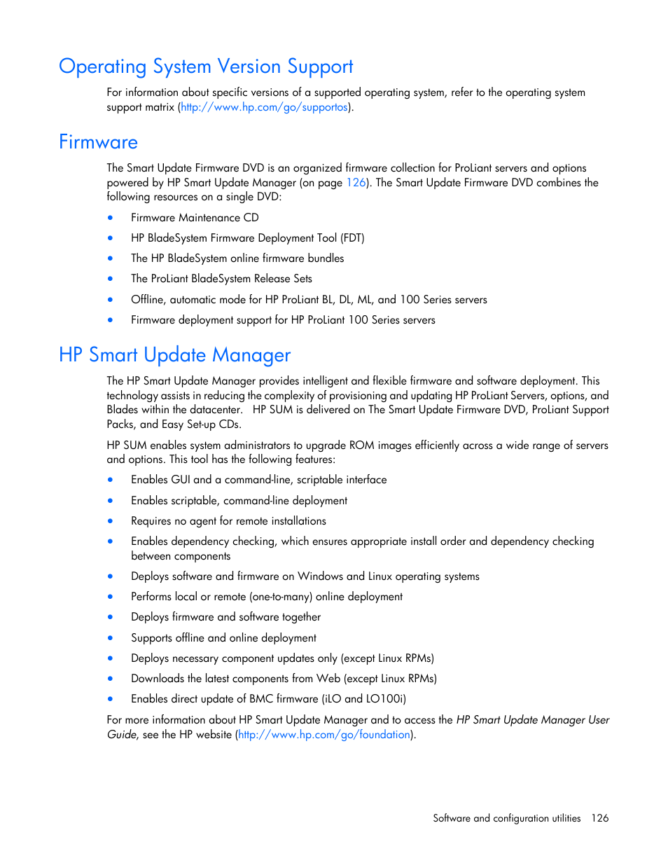 Operating system version support, Firmware, Hp smart update manager | HP ProLiant ML370 G6 Server User Manual | Page 126 / 172