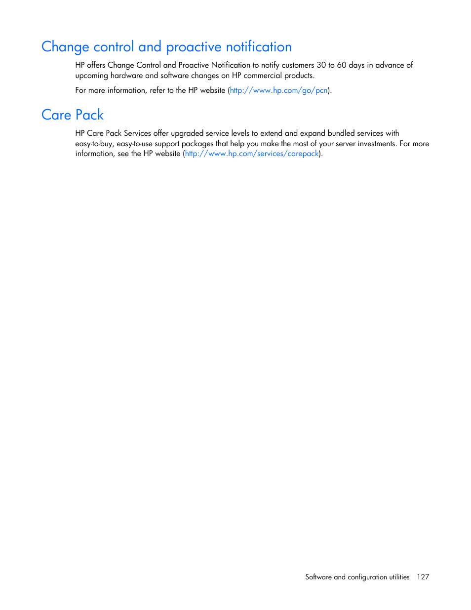 Change control and proactive notification, Care pack | HP ProLiant ML370 G6 Server User Manual | Page 127 / 172