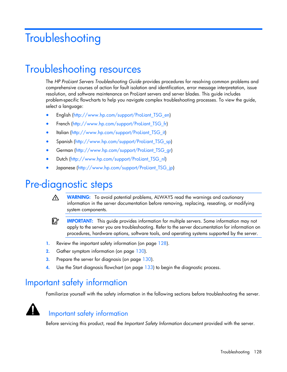 Troubleshooting, Troubleshooting resources, Pre-diagnostic steps | Important safety information | HP ProLiant ML370 G6 Server User Manual | Page 128 / 172