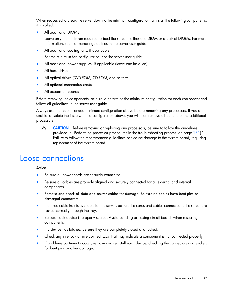 Loose connections | HP ProLiant ML370 G6 Server User Manual | Page 132 / 172