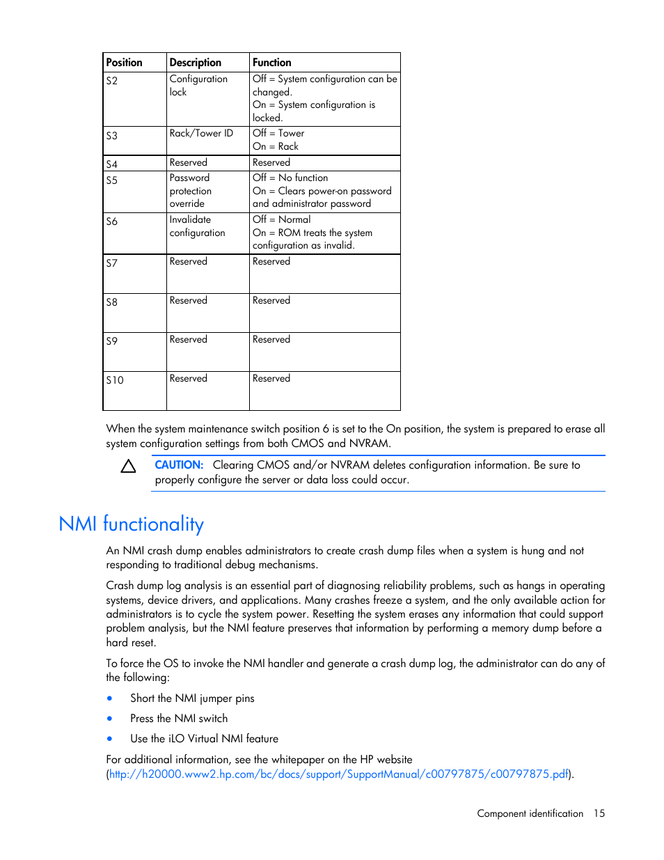 Nmi functionality | HP ProLiant ML370 G6 Server User Manual | Page 15 / 172