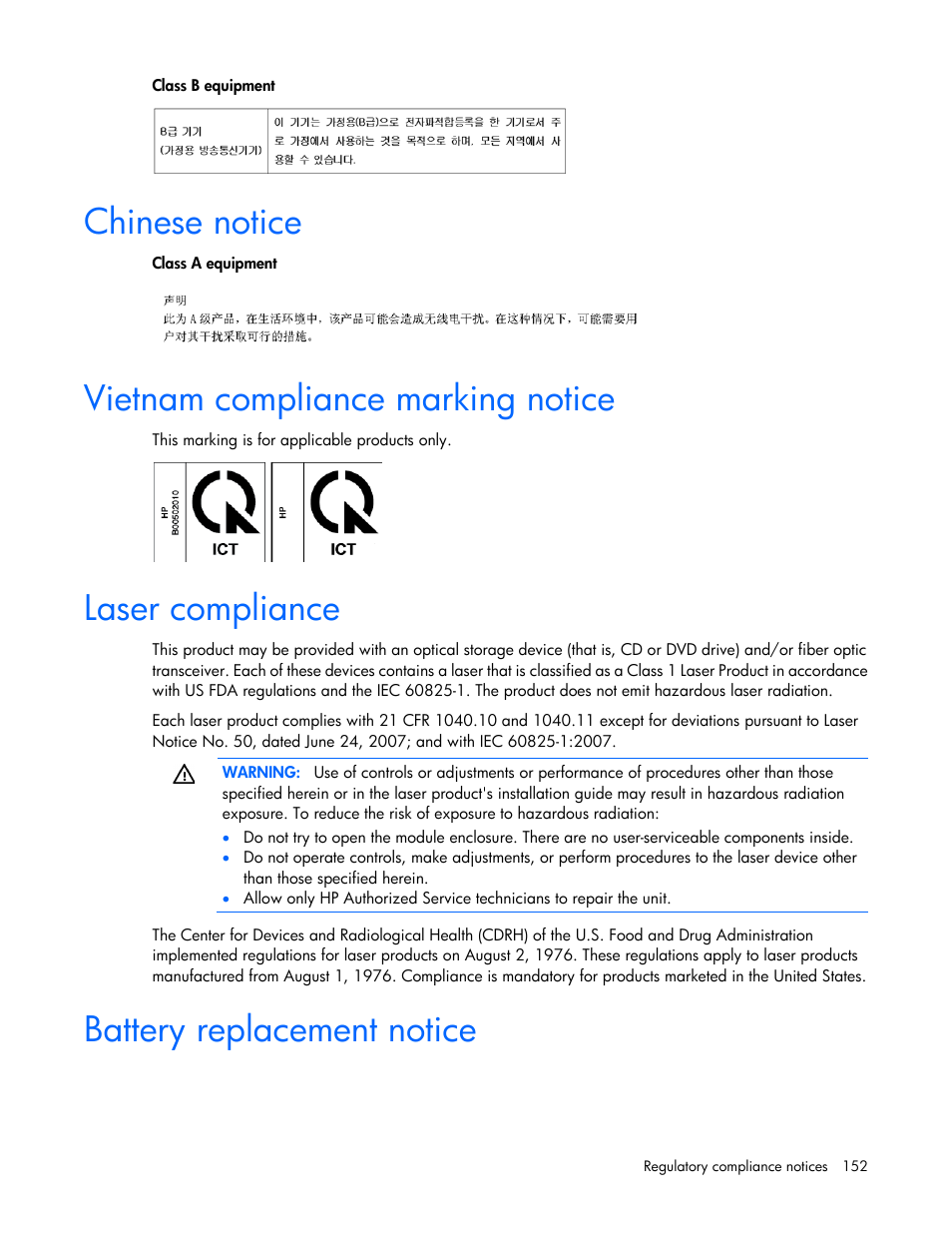 Chinese notice, Vietnam compliance marking notice, Laser compliance | Battery replacement notice | HP ProLiant ML370 G6 Server User Manual | Page 152 / 172