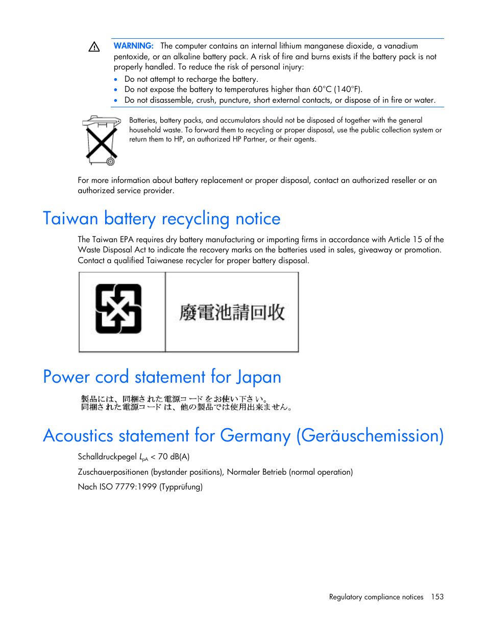 Taiwan battery recycling notice, Power cord statement for japan, Acoustics statement for germany (geräuschemission) | HP ProLiant ML370 G6 Server User Manual | Page 153 / 172