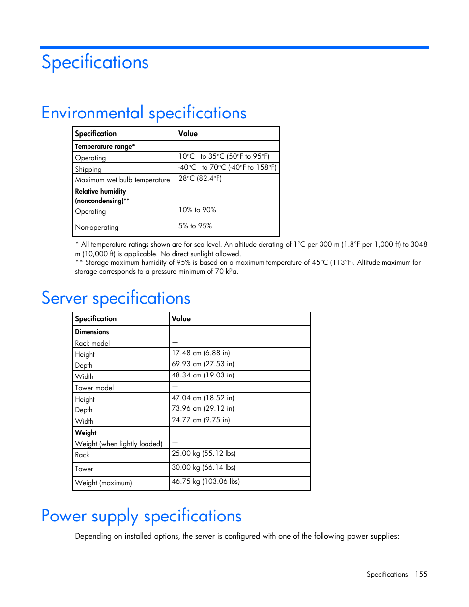 Specifications, Environmental specifications, Server specifications | Power supply specifications | HP ProLiant ML370 G6 Server User Manual | Page 155 / 172