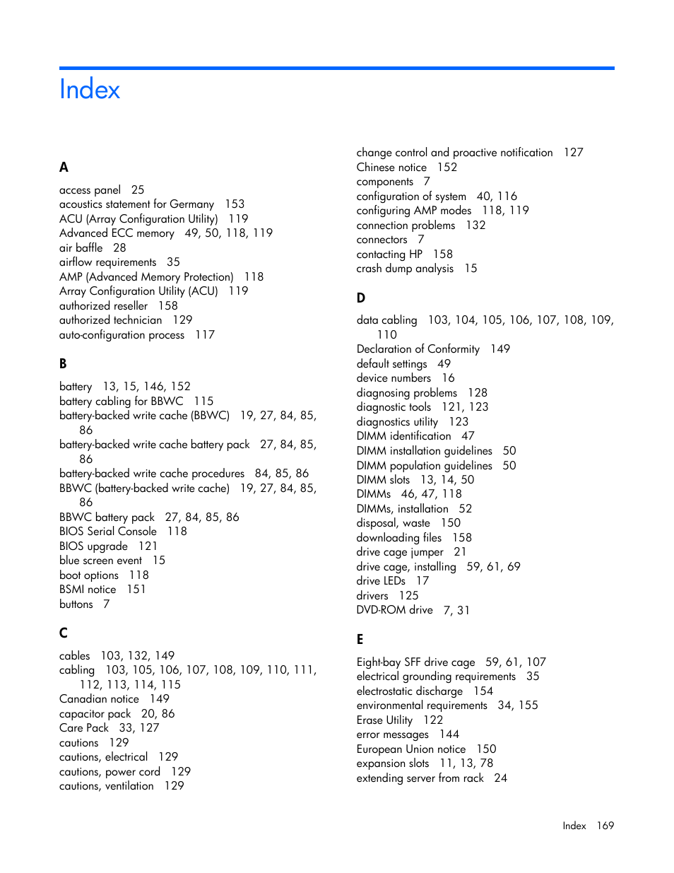 Index | HP ProLiant ML370 G6 Server User Manual | Page 169 / 172