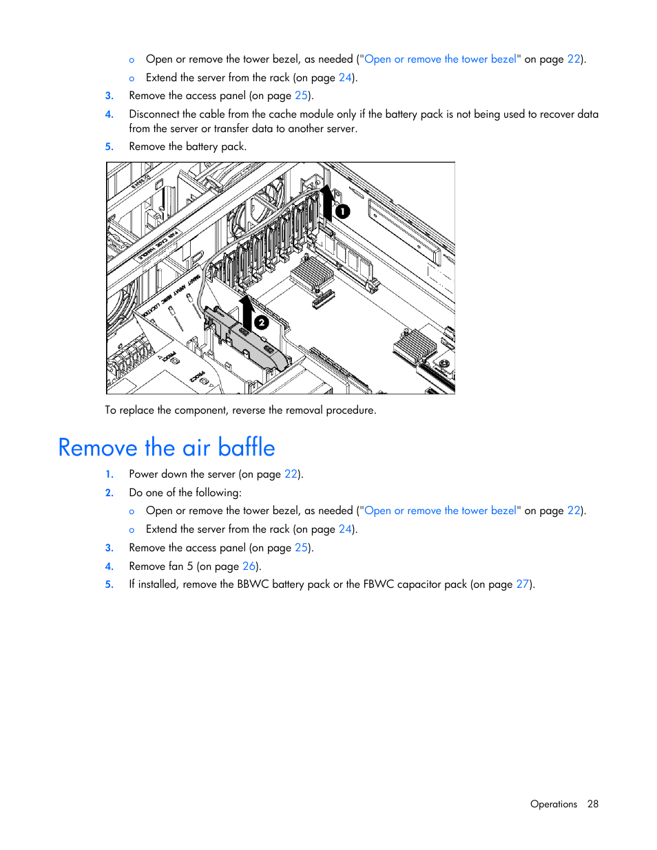 Remove the air baffle | HP ProLiant ML370 G6 Server User Manual | Page 28 / 172