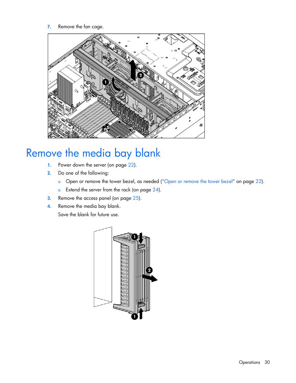 Remove the media bay blank | HP ProLiant ML370 G6 Server User Manual | Page 30 / 172
