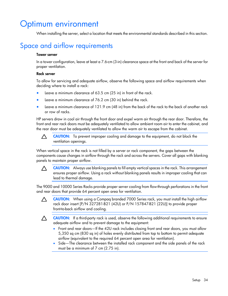 Optimum environment, Space and airflow requirements | HP ProLiant ML370 G6 Server User Manual | Page 34 / 172