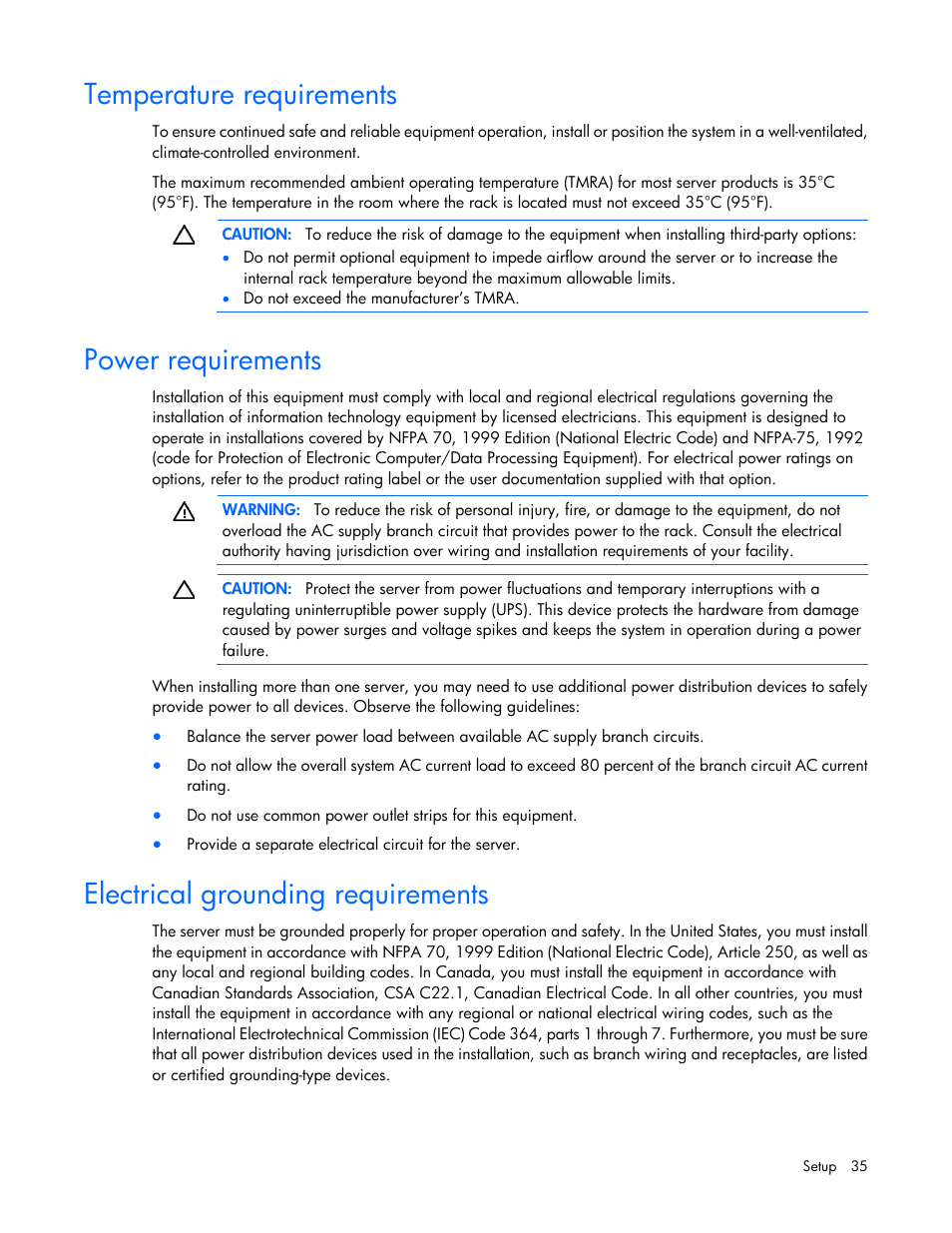 Temperature requirements, Power requirements, Electrical grounding requirements | HP ProLiant ML370 G6 Server User Manual | Page 35 / 172