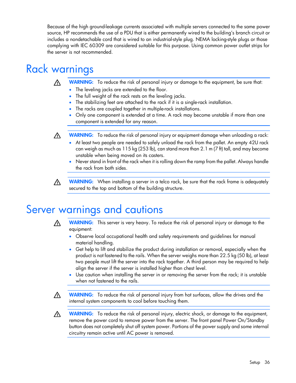 Rack warnings, Server warnings and cautions | HP ProLiant ML370 G6 Server User Manual | Page 36 / 172