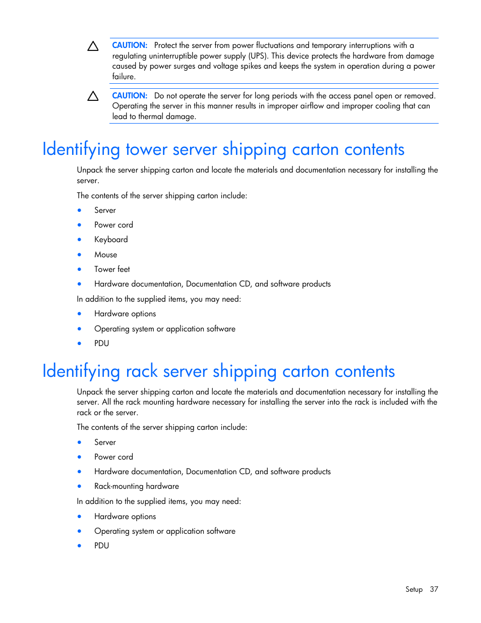 Identifying tower server shipping carton contents, Identifying rack server shipping carton contents | HP ProLiant ML370 G6 Server User Manual | Page 37 / 172