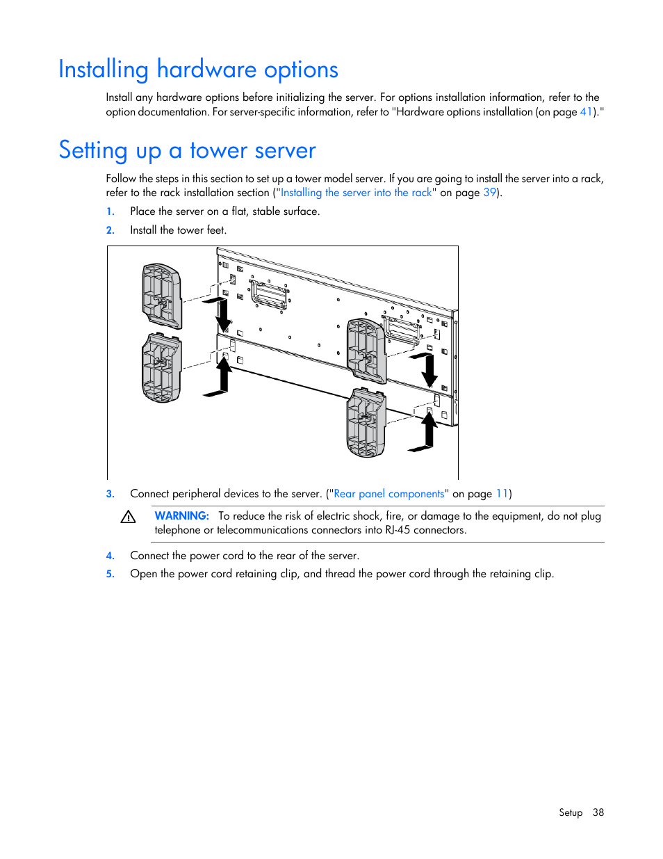 Installing hardware options, Setting up a tower server | HP ProLiant ML370 G6 Server User Manual | Page 38 / 172