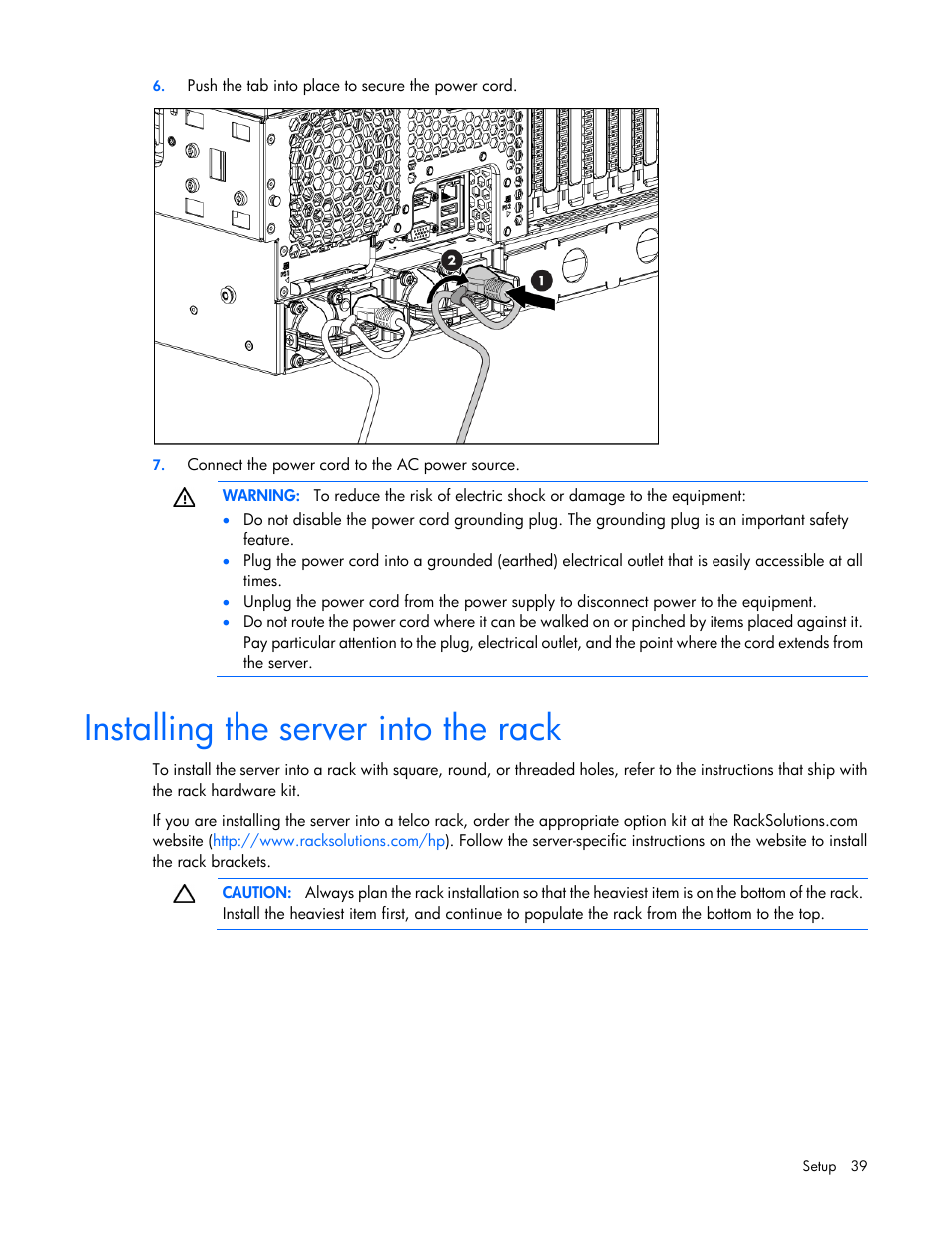 Installing the server into the rack | HP ProLiant ML370 G6 Server User Manual | Page 39 / 172