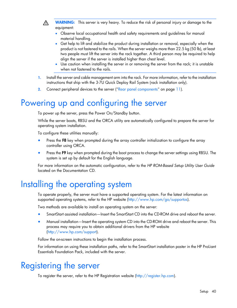 Powering up and configuring the server, Installing the operating system, Registering the server | HP ProLiant ML370 G6 Server User Manual | Page 40 / 172