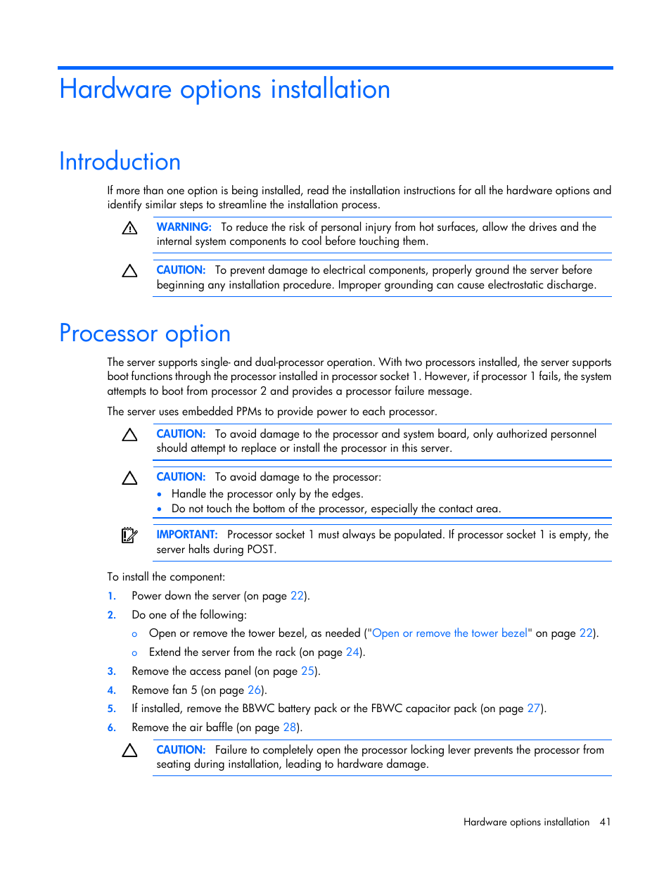 Hardware options installation, Introduction, Processor option | HP ProLiant ML370 G6 Server User Manual | Page 41 / 172