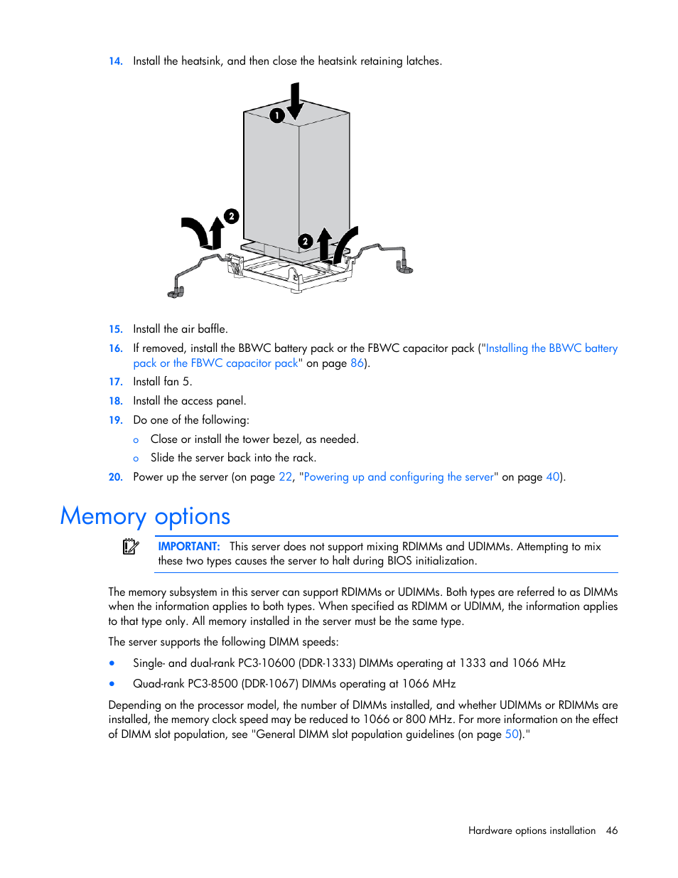 Memory options | HP ProLiant ML370 G6 Server User Manual | Page 46 / 172