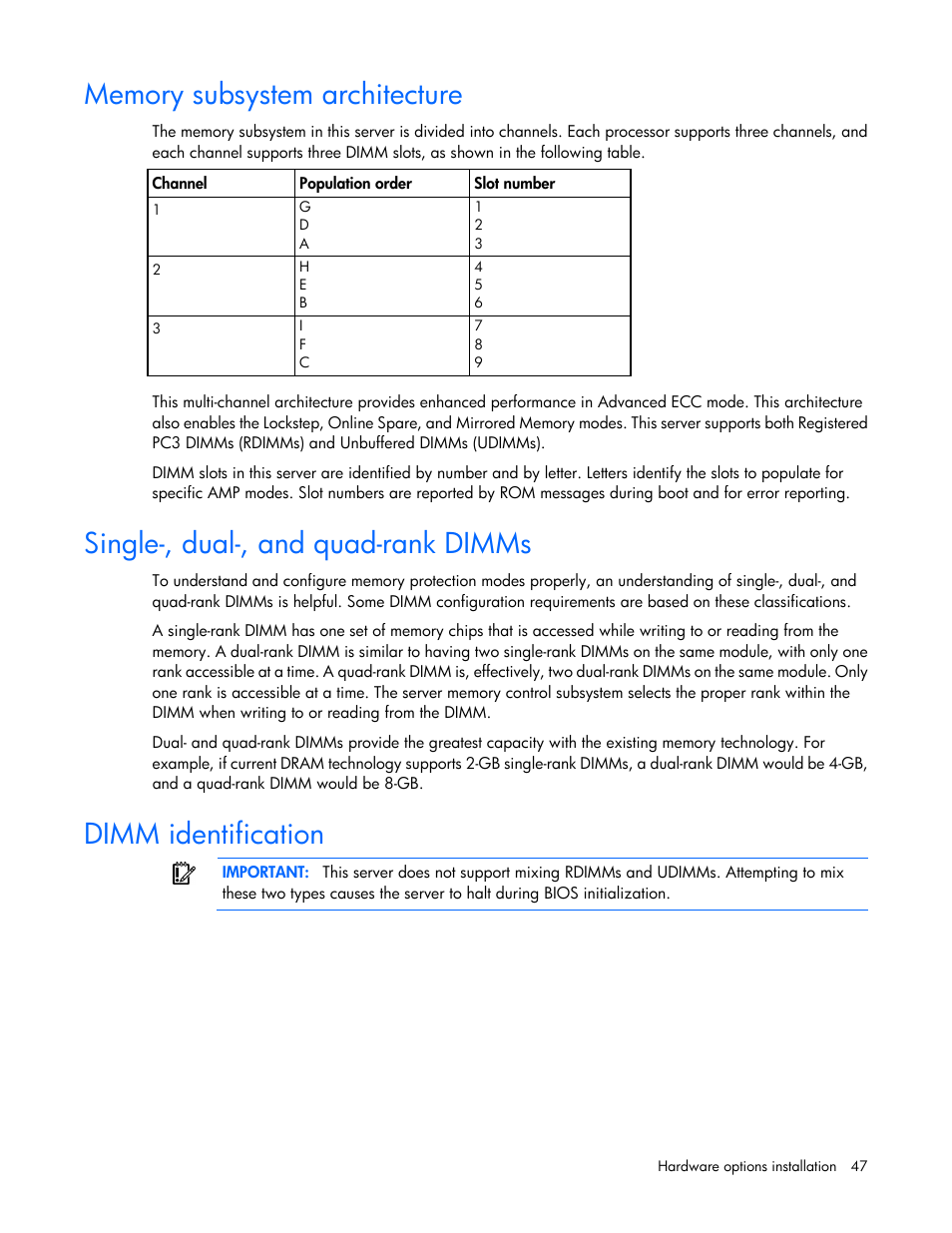 Memory subsystem architecture, Single-, dual-, and quad-rank dimms, Dimm identification | HP ProLiant ML370 G6 Server User Manual | Page 47 / 172