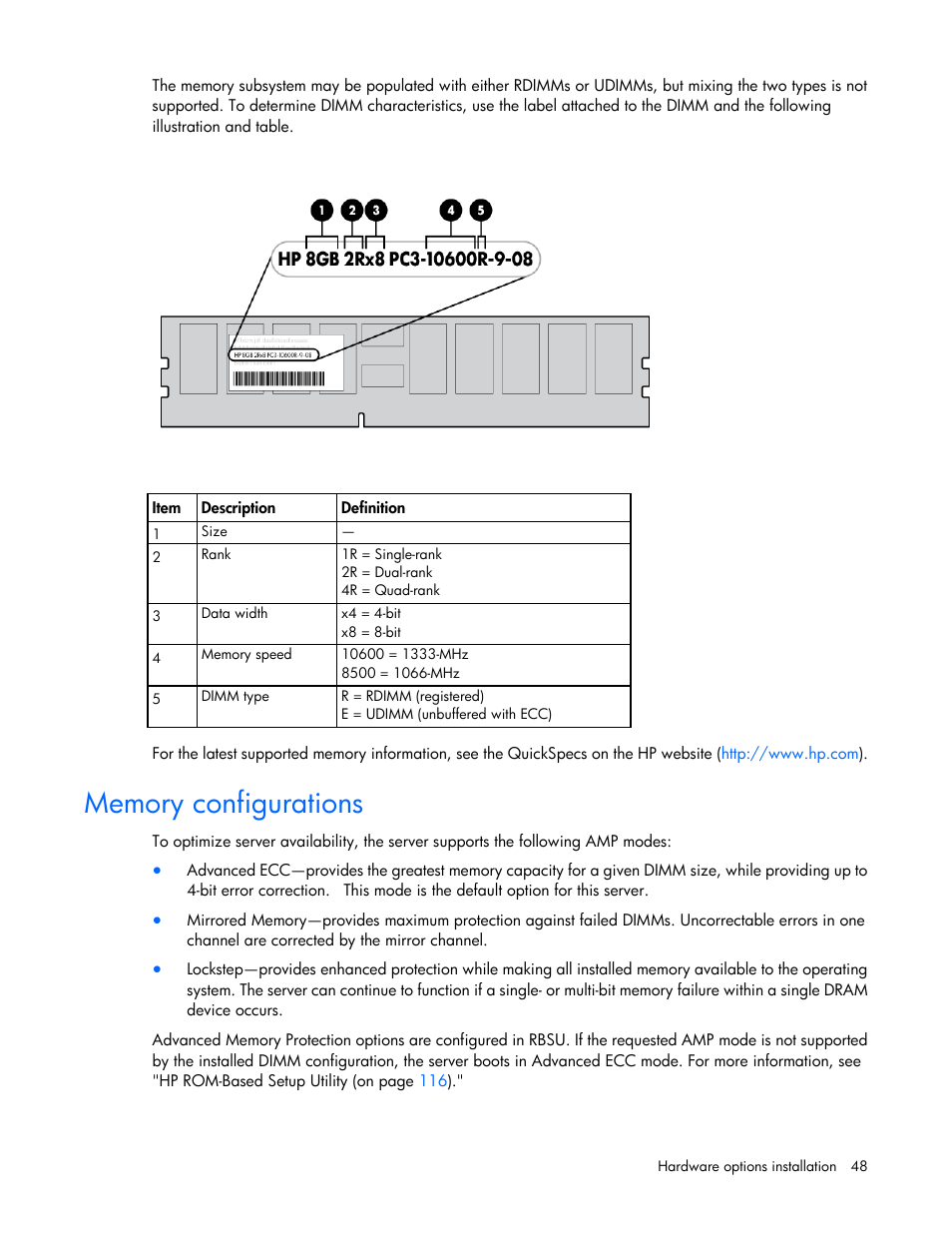 Memory configurations | HP ProLiant ML370 G6 Server User Manual | Page 48 / 172
