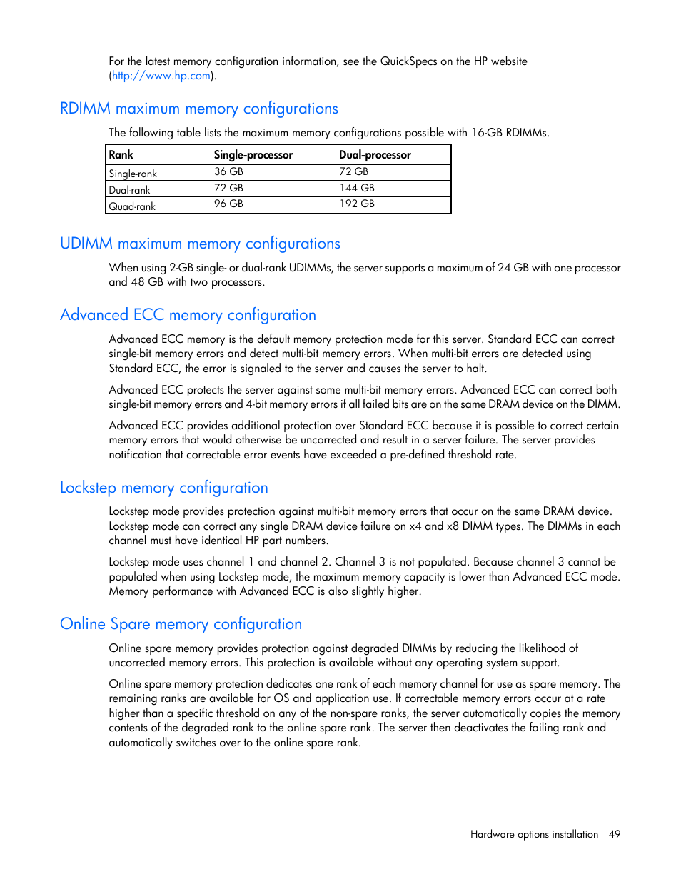 Rdimm maximum memory configurations, Udimm maximum memory configurations, Advanced ecc memory configuration | Lockstep memory configuration, Online spare memory configuration | HP ProLiant ML370 G6 Server User Manual | Page 49 / 172