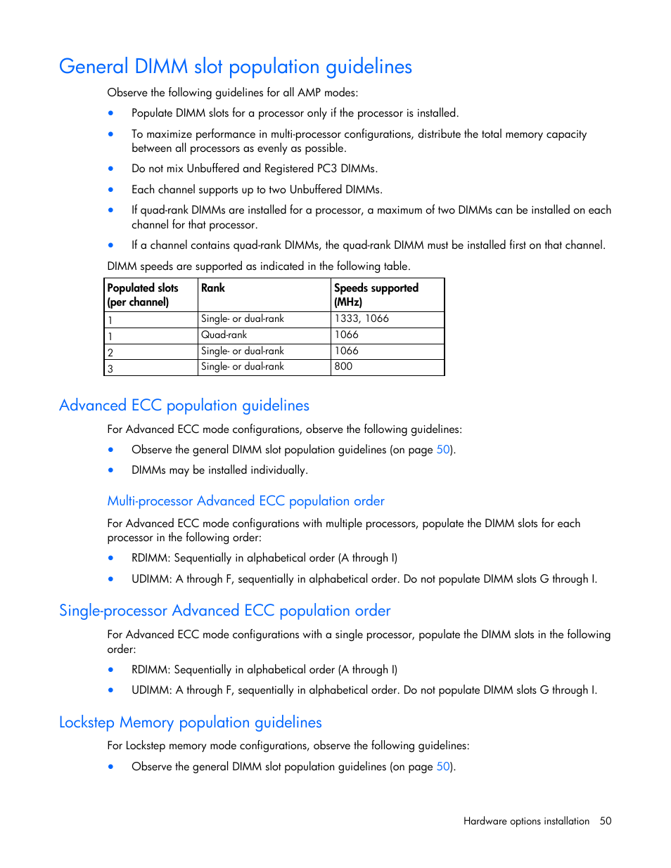 General dimm slot population guidelines, Advanced ecc population guidelines, Multi-processor advanced ecc population order | Single-processor advanced ecc population order, Lockstep memory population guidelines | HP ProLiant ML370 G6 Server User Manual | Page 50 / 172