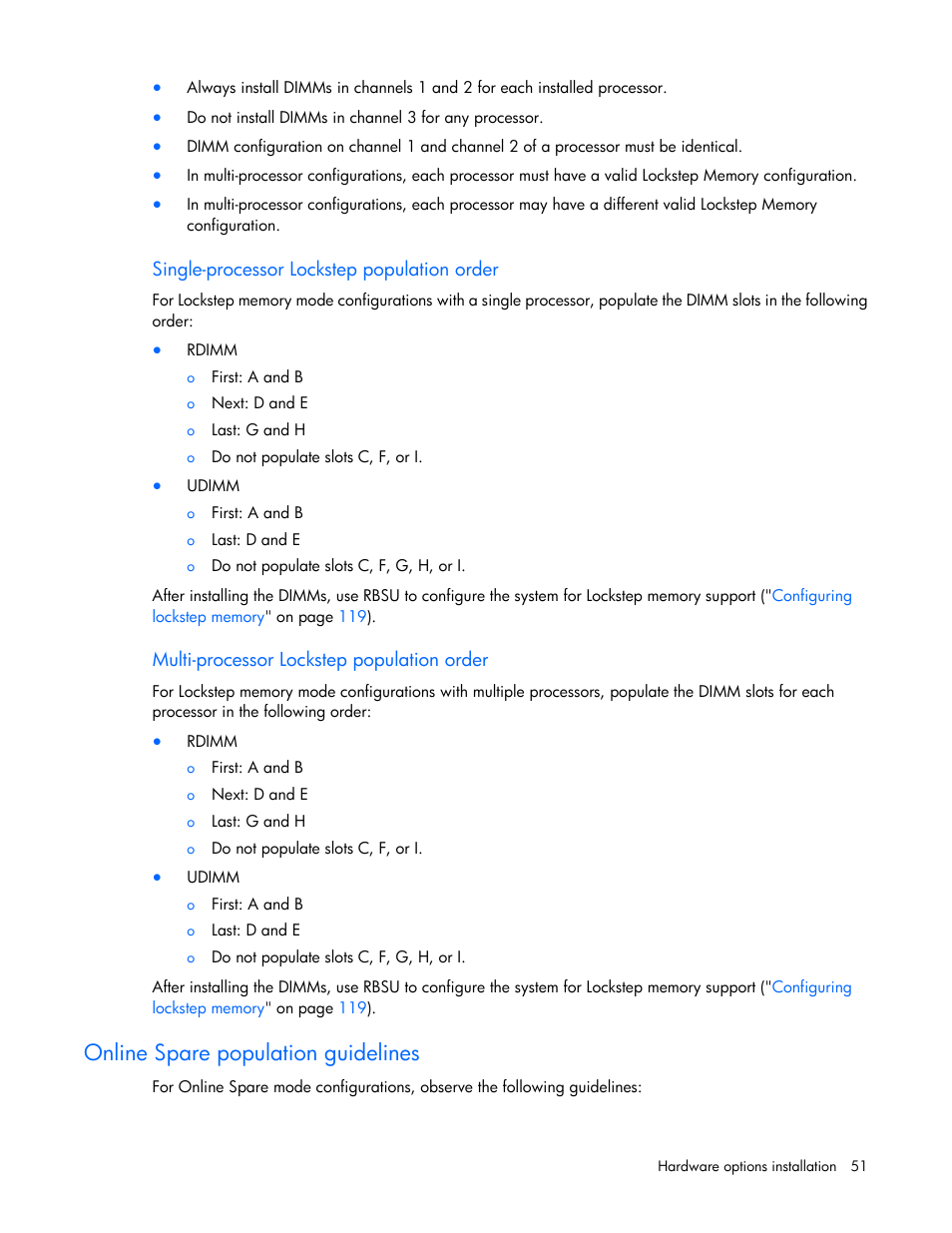 Single-processor lockstep population order, Multi-processor lockstep population order, Online spare population guidelines | HP ProLiant ML370 G6 Server User Manual | Page 51 / 172
