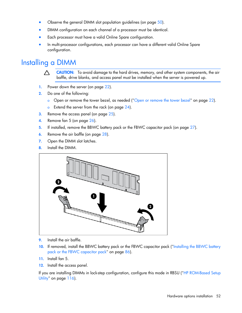 Installing a dimm | HP ProLiant ML370 G6 Server User Manual | Page 52 / 172