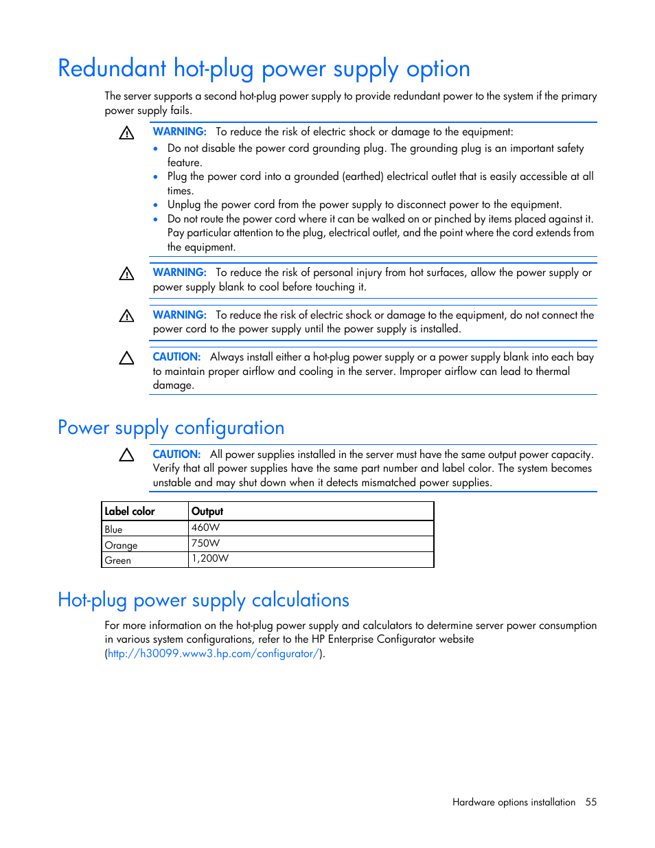 Redundant hot-plug power supply option, Power supply configuration, Hot-plug power supply calculations | HP ProLiant ML370 G6 Server User Manual | Page 55 / 172