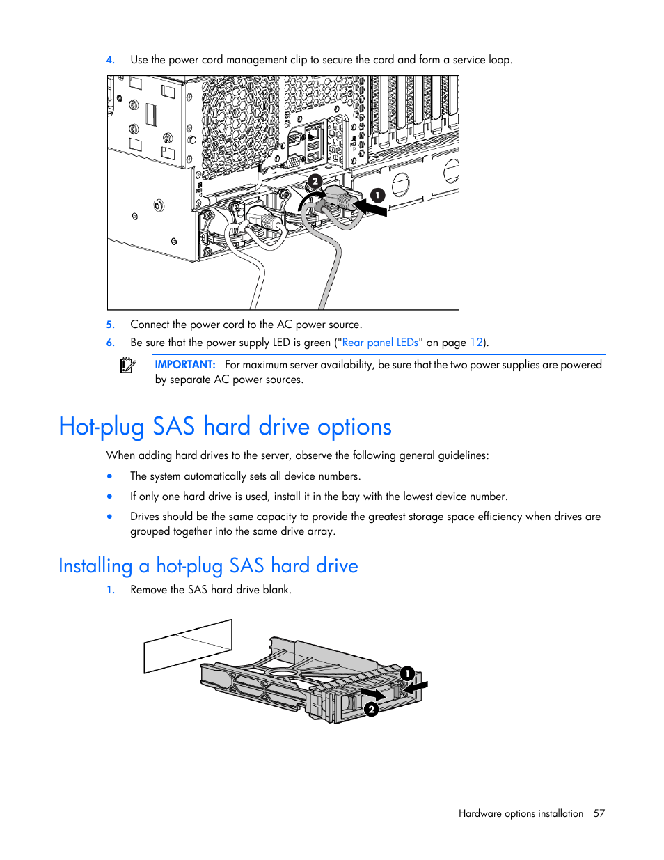 Hot-plug sas hard drive options, Installing a hot-plug sas hard drive | HP ProLiant ML370 G6 Server User Manual | Page 57 / 172