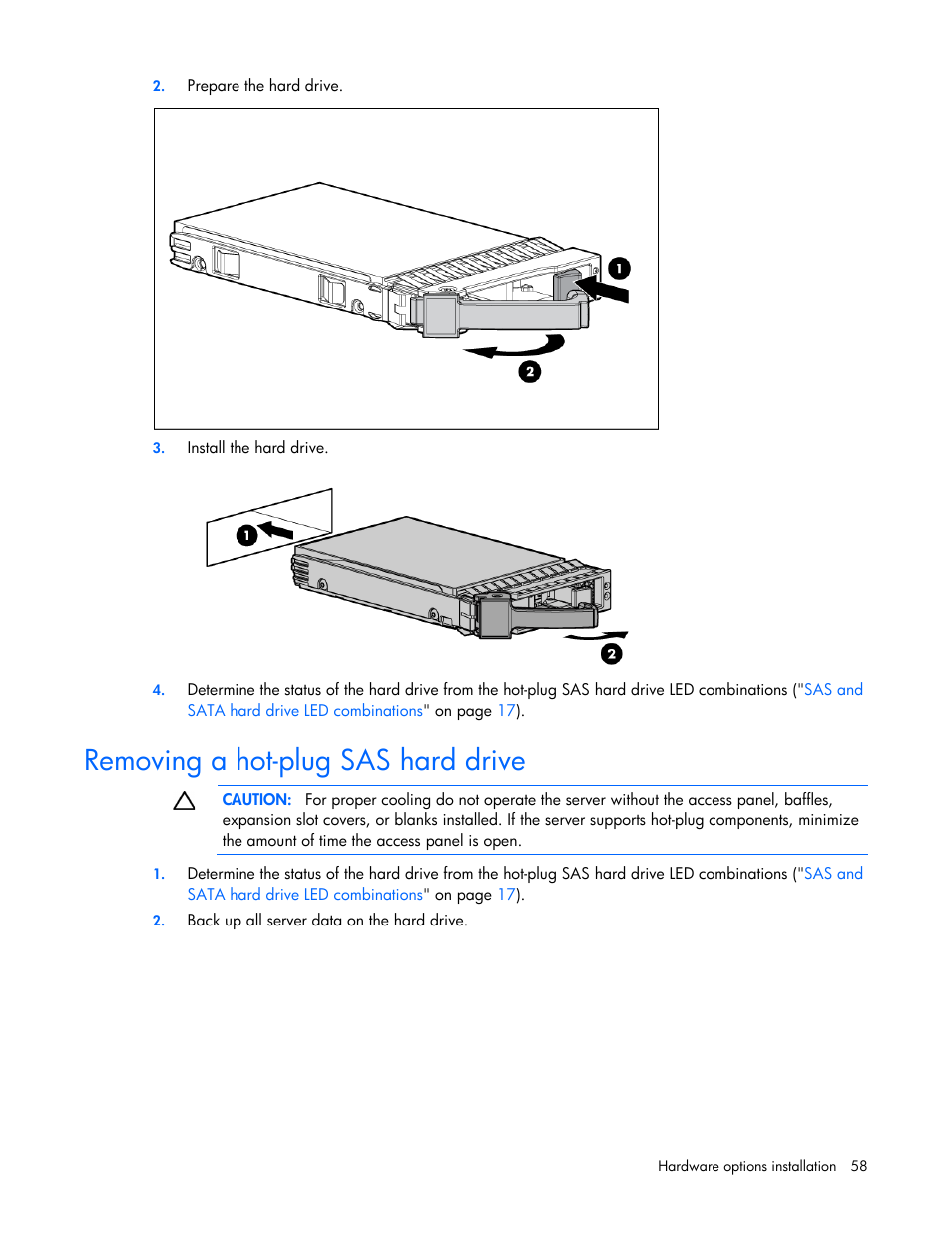 Removing a hot-plug sas hard drive | HP ProLiant ML370 G6 Server User Manual | Page 58 / 172