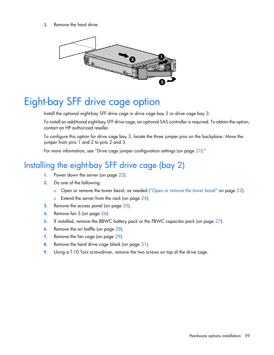 Eight-bay sff drive cage option, Installing the eight-bay sff drive cage (bay 2) | HP ProLiant ML370 G6 Server User Manual | Page 59 / 172