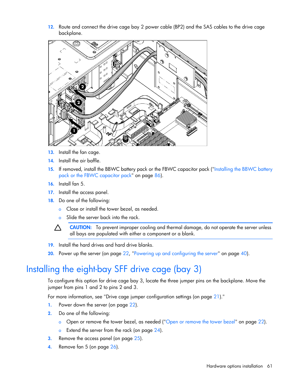 Installing the eight-bay sff drive cage (bay 3) | HP ProLiant ML370 G6 Server User Manual | Page 61 / 172