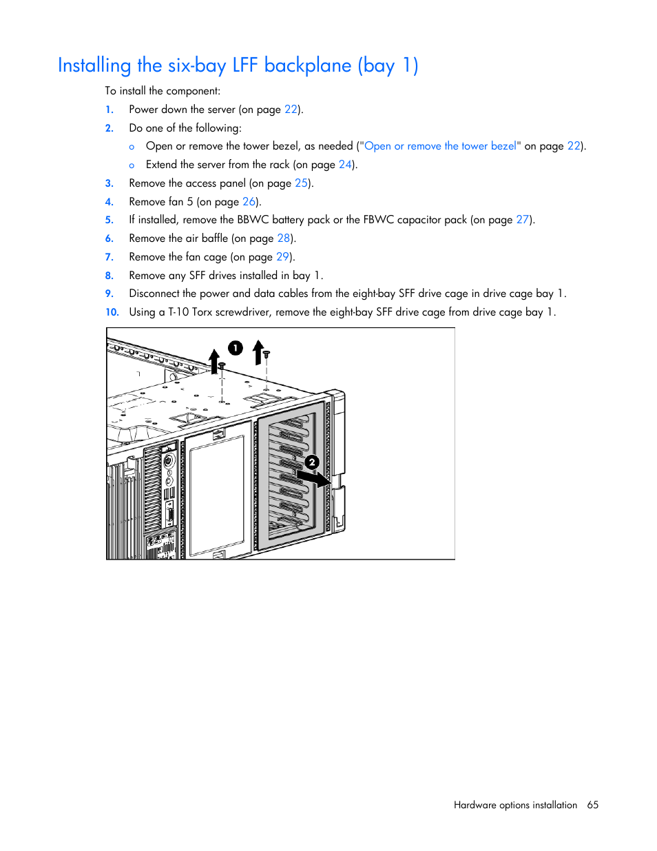 Installing the six-bay lff backplane (bay 1) | HP ProLiant ML370 G6 Server User Manual | Page 65 / 172