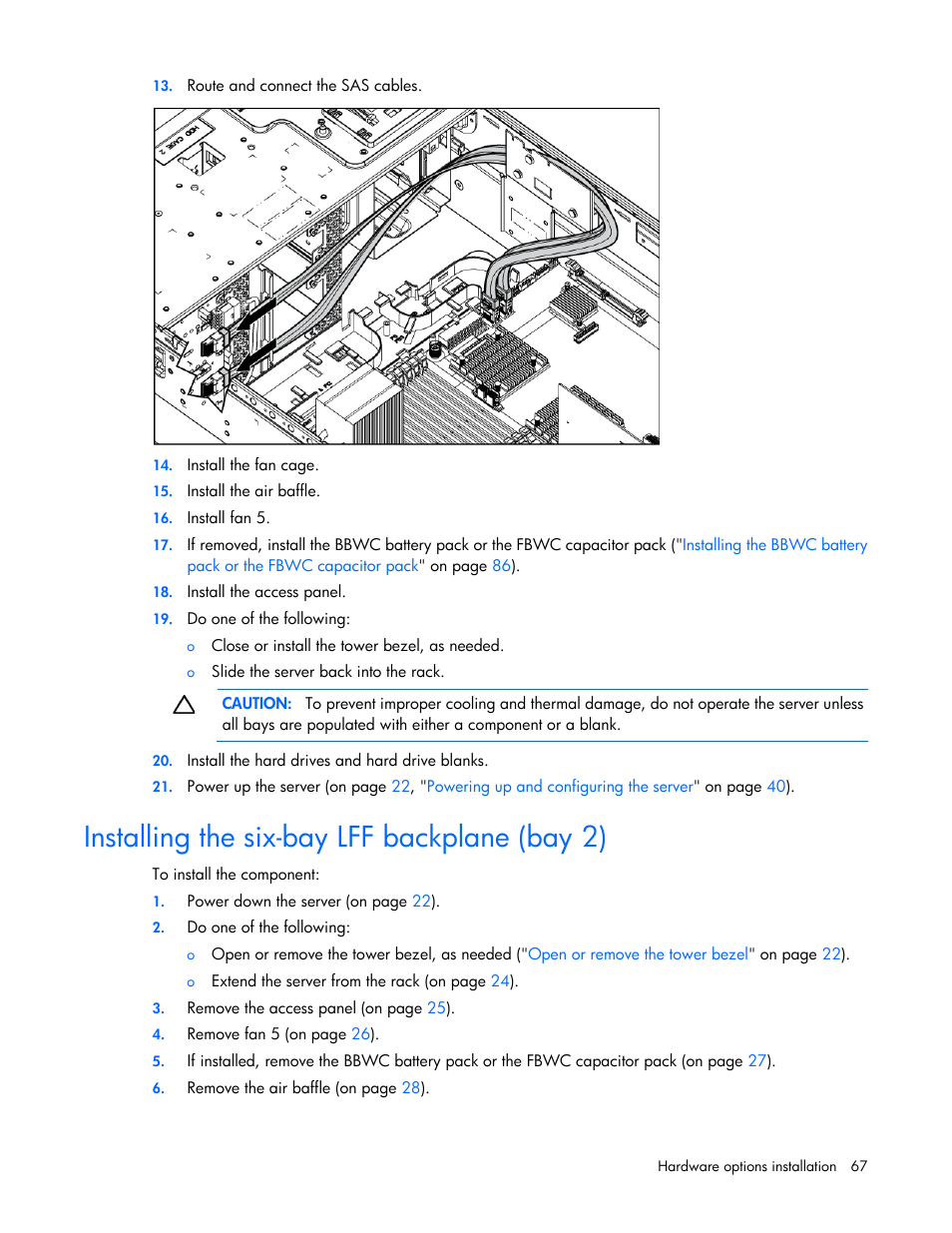 Installing the six-bay lff backplane (bay 2) | HP ProLiant ML370 G6 Server User Manual | Page 67 / 172