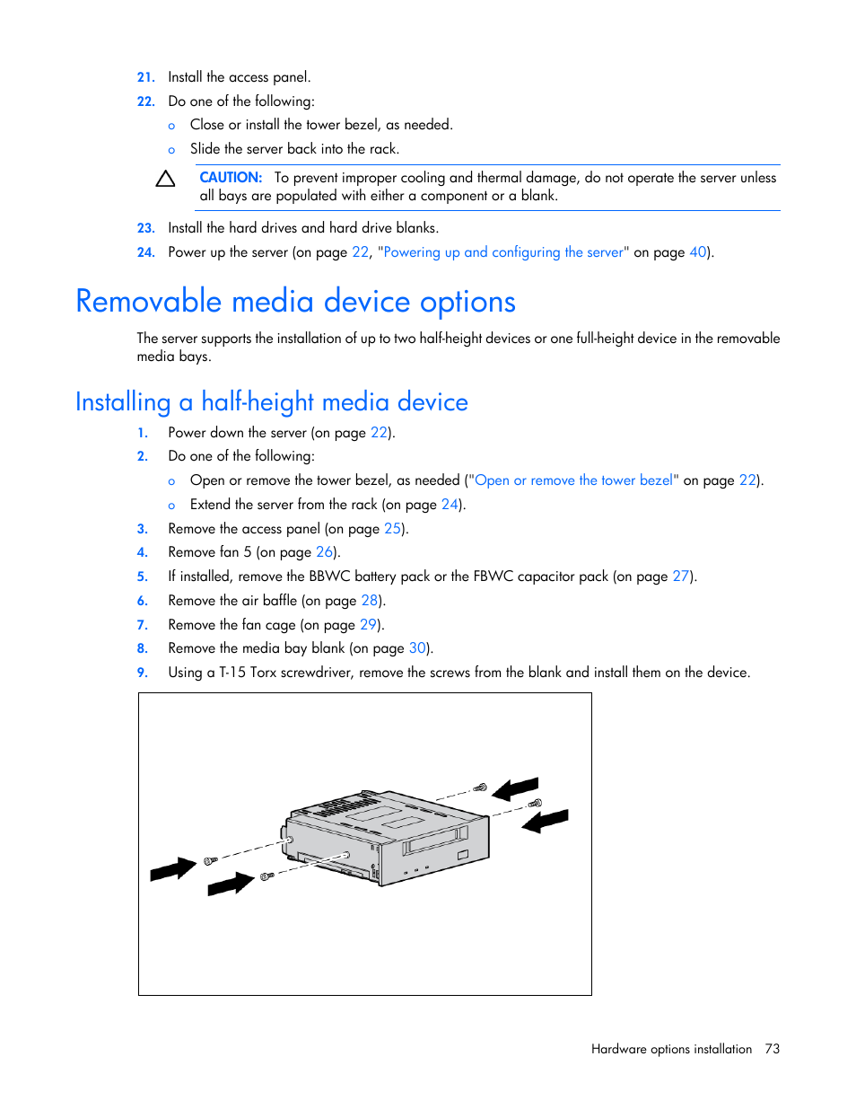 Removable media device options, Installing a half-height media device | HP ProLiant ML370 G6 Server User Manual | Page 73 / 172