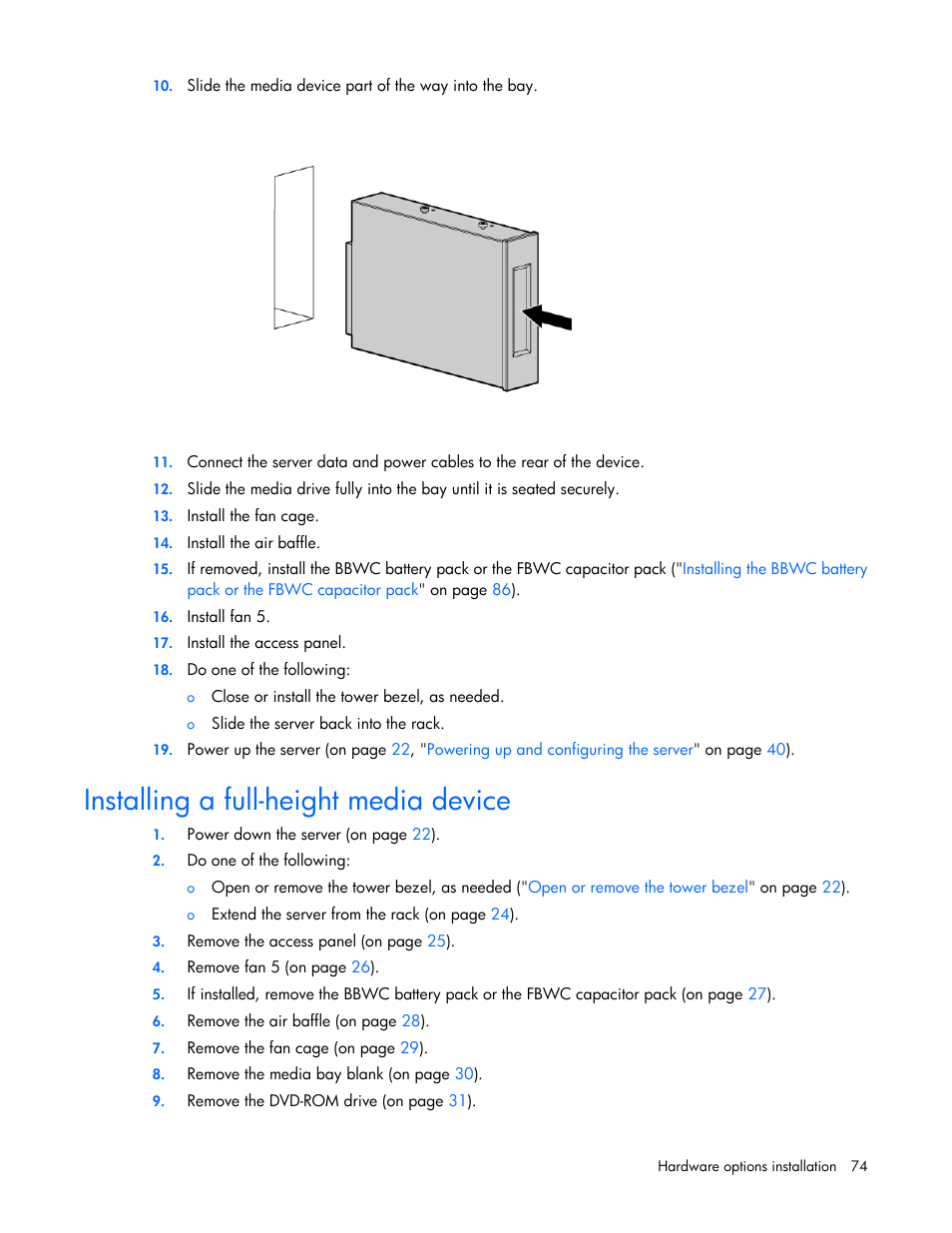 Installing a full-height media device | HP ProLiant ML370 G6 Server User Manual | Page 74 / 172