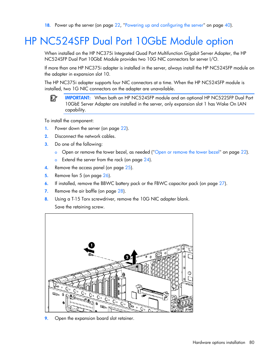 Hp nc524sfp dual port 10gbe module option | HP ProLiant ML370 G6 Server User Manual | Page 80 / 172