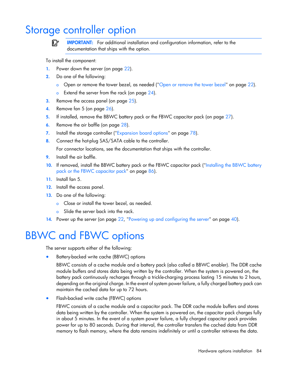 Storage controller option, Bbwc and fbwc options, Storage | Controller option | HP ProLiant ML370 G6 Server User Manual | Page 84 / 172