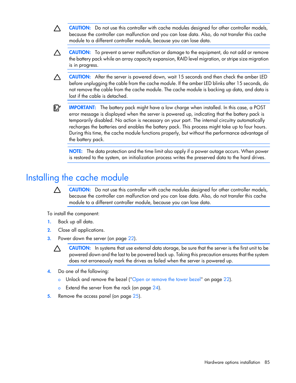 Installing the cache module | HP ProLiant ML370 G6 Server User Manual | Page 85 / 172