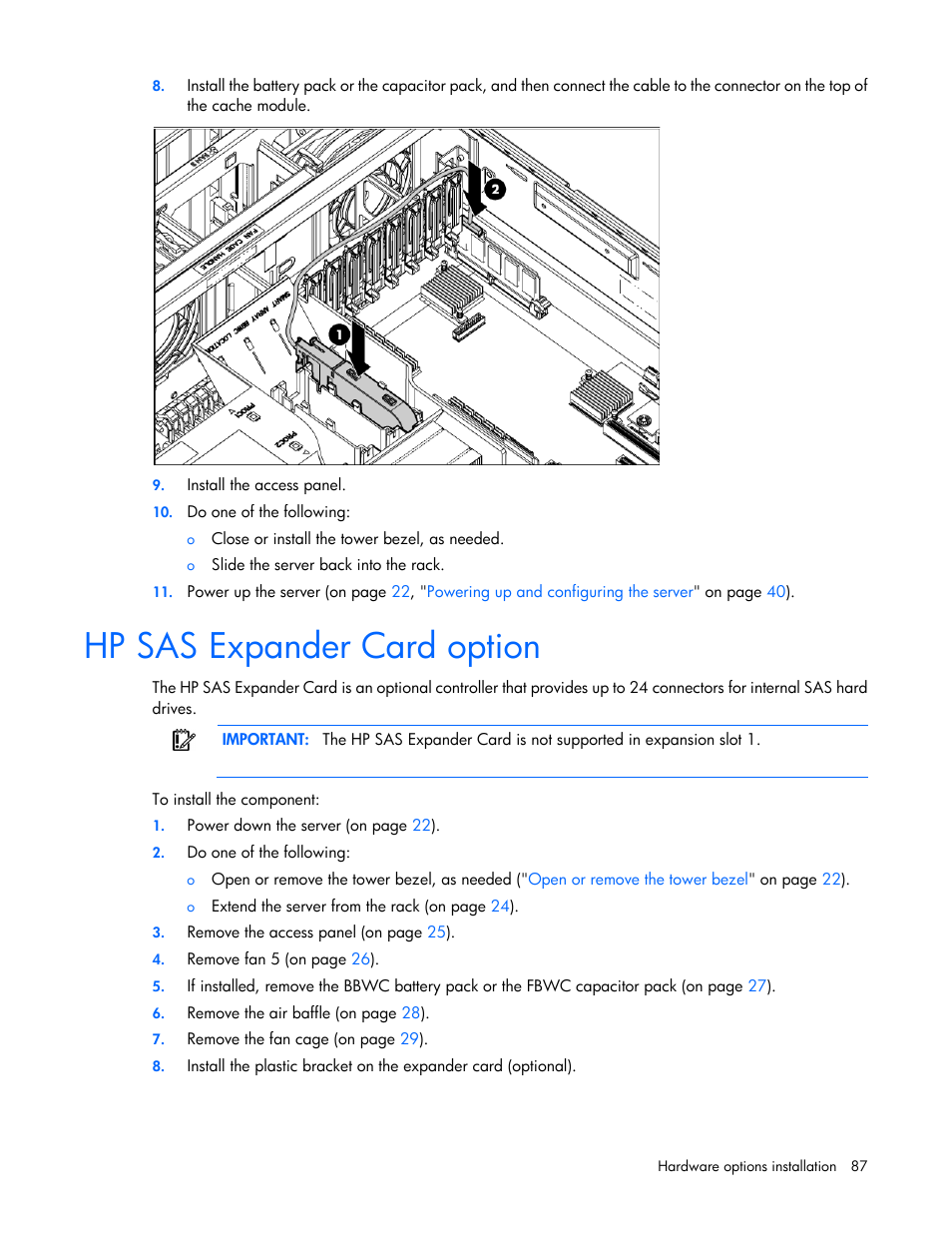 Hp sas expander card option | HP ProLiant ML370 G6 Server User Manual | Page 87 / 172