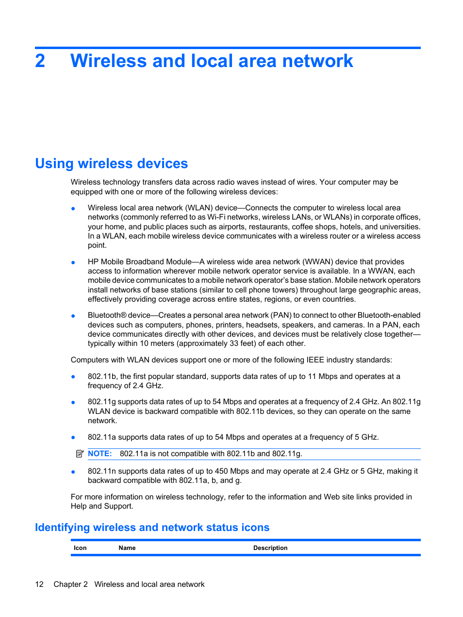 Wireless and local area network, Using wireless devices, Identifying wireless and network status icons | 2 wireless and local area network, 2wireless and local area network | HP Pavilion dm1-1020ed Entertainment Notebook PC User Manual | Page 22 / 96