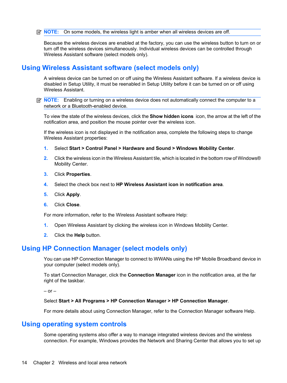 Using hp connection manager (select models only), Using operating system controls | HP Pavilion dm1-1020ed Entertainment Notebook PC User Manual | Page 24 / 96