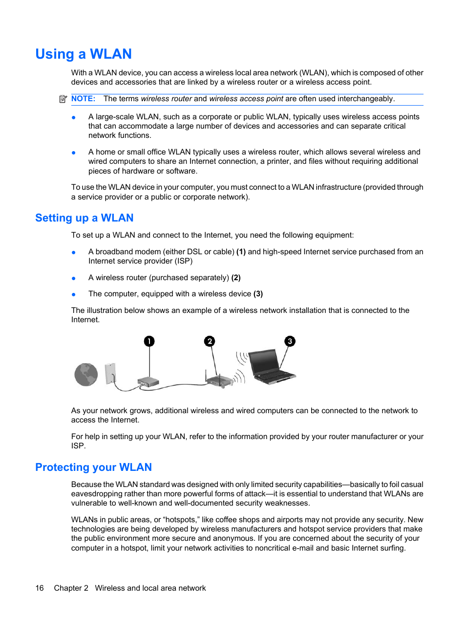 Using a wlan, Setting up a wlan, Protecting your wlan | Setting up a wlan protecting your wlan | HP Pavilion dm1-1020ed Entertainment Notebook PC User Manual | Page 26 / 96