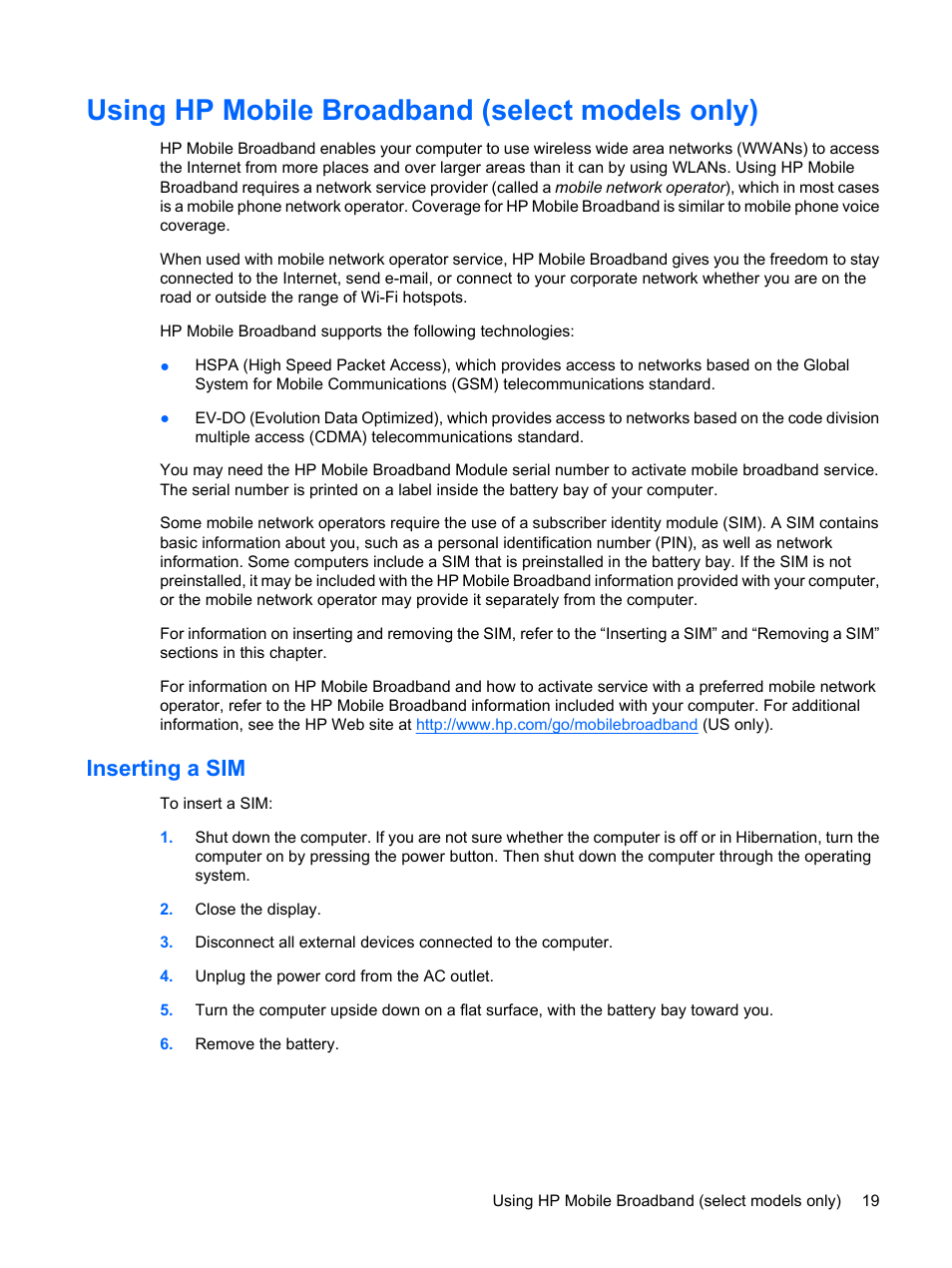 Using hp mobile broadband (select models only), Inserting a sim | HP Pavilion dm1-1020ed Entertainment Notebook PC User Manual | Page 29 / 96