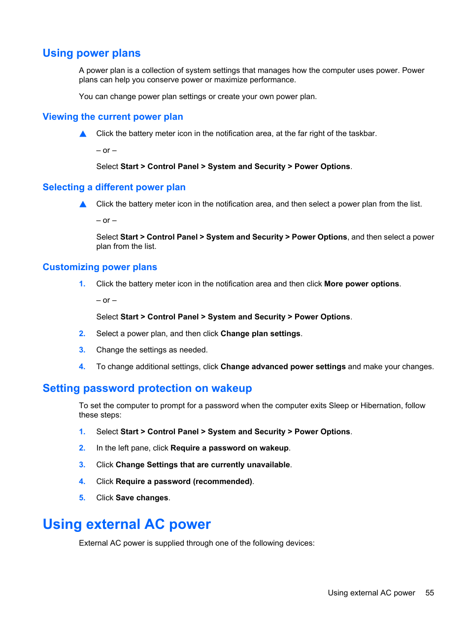 Using power plans, Viewing the current power plan, Selecting a different power plan | Customizing power plans, Setting password protection on wakeup, Using external ac power | HP Pavilion dm1-1020ed Entertainment Notebook PC User Manual | Page 65 / 96